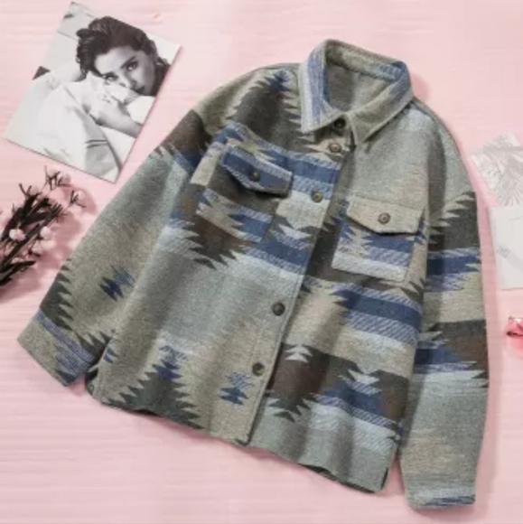 New blue distressed Aztec print shacket - Picture 12 of 16